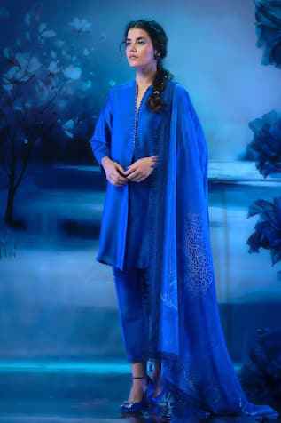 Mandira Wirk - Indian Chanderi Blue Kurta Set 