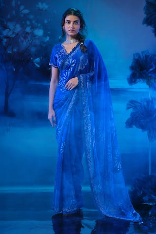 Mandira Wirk - Indian Designer Blue Chanderi Saree Set 