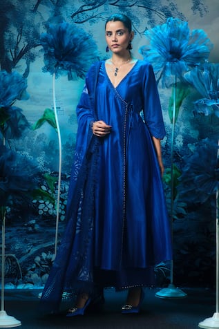 Mandira Wirk - Indian Blue Chanderi Anarkali Set with Dupatta 