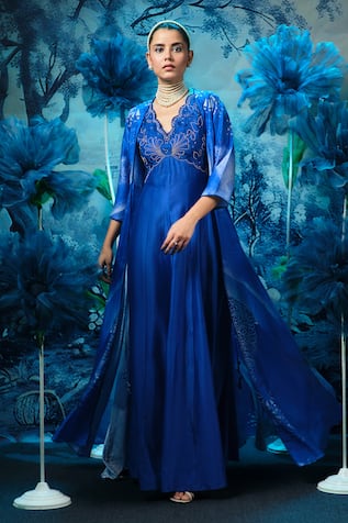 Mandira Wirk - Indian Blue Chanderi Embroidered Kurta Set 
