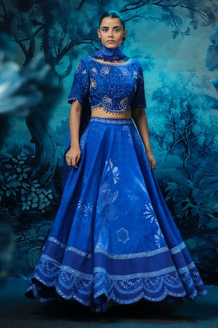 Mandira Wirk - Indian Blue Chanderi Embroidered Lehenga Set 