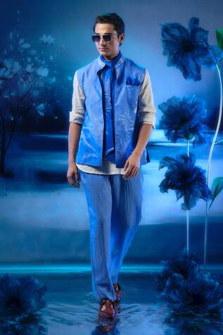 Mandira Wirk - Indian Blue Chanderi Bundi Kurta Pant Set 