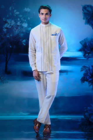 Mandira Wirk - Indian Ivory Chanderi Linen Kurta Pant Set 