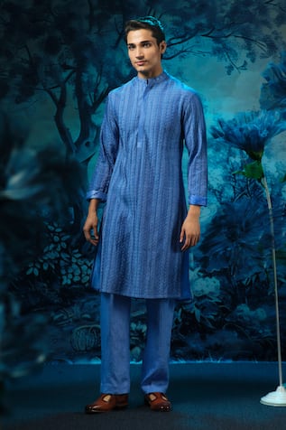 Mandira Wirk - Indian Blue Chanderi Designer Kurta Pant Set 
