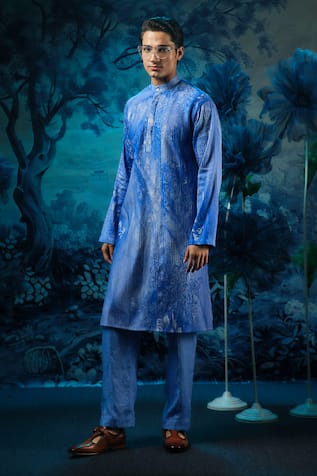 Mandira Wirk - Indian Blue Chanderi Designer Kurta Pant Set 