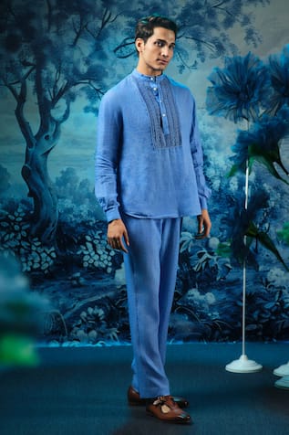 Mandira Wirk - Indian Blue Chanderi Linen Kurta Pant Set 