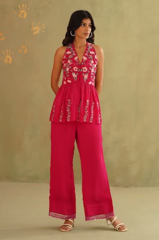 Midori By Sgv Hot Pink Hand Embroidered Pant Set 