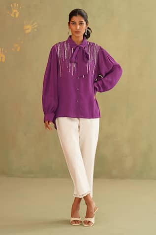 Midori By Sgv Iris Hand Embroidered Purple Shirt 