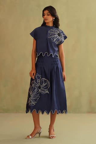 Midori By Sgv Midnight Blue Hand Embroidered Skirt Set 