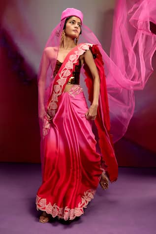 Kavitha Gutta Ombre Satin Saree with Zari Applique 