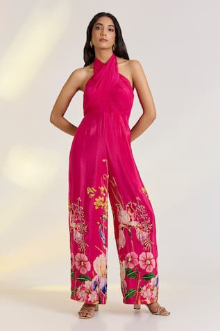 Ewoke Floral Hand Embroidered Pink Jumpsuit 
