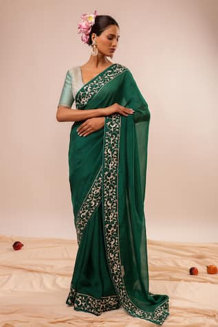 Kalakari By Akanksha Dark Green Hand Embroidered Saree Set 