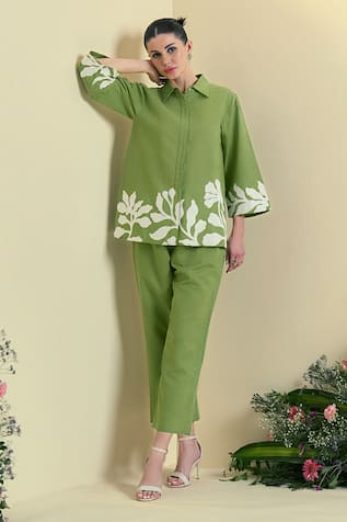 Origani Green Chanderi Silk Applique Shirt & Pant Set 