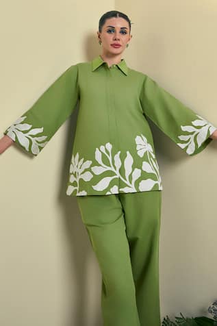 Origani Green Embroidered Linen Blend Shirt 