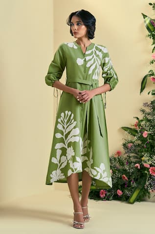 Origani Green Embroidered Linen Blend Dress 
