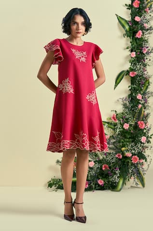 Origani Red Thread Embroidered Dress 