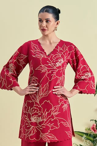 Origani Red Thread Embroidered Kurta  