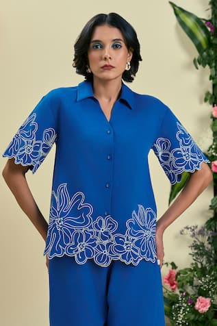 Origani Thread Embroidered Blue Shirt  