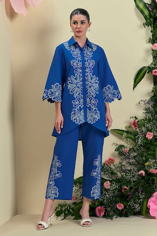 Origani Blue Thread Embroidered Shirt & Pant Set 