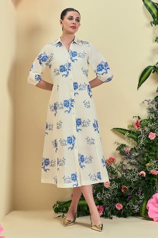 Origani Off White Thread Embroidered Dress 