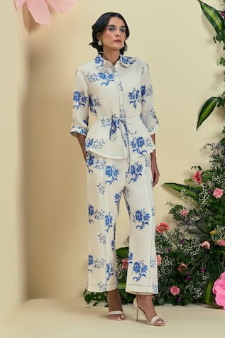 Origani Off White Floral Embroidered Shirt & Pant Set 