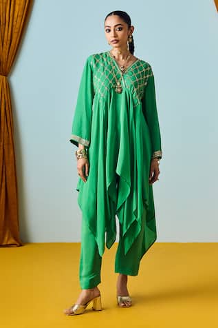 Prahnaaya Sage Green Asymmetric Kurta Set 