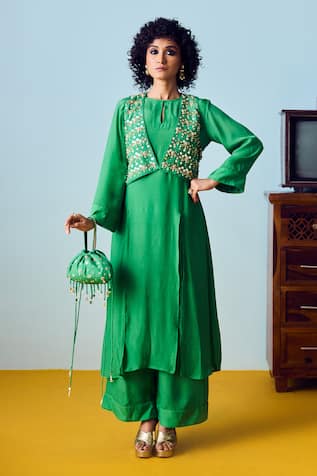 Prahnaaya Tora Green Three-Piece Jacket Set 