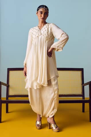 Prahnaaya Pearl White Asymmetric Flared Tunic & Skirt Set 