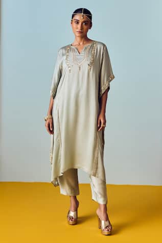 Prahnaaya Sage Green Hand-Embroidered Kaftan Pant Set 