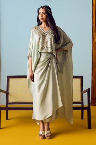 Prahnaaya Sage Green Hi-Low Top & Wrap Skirt Set 