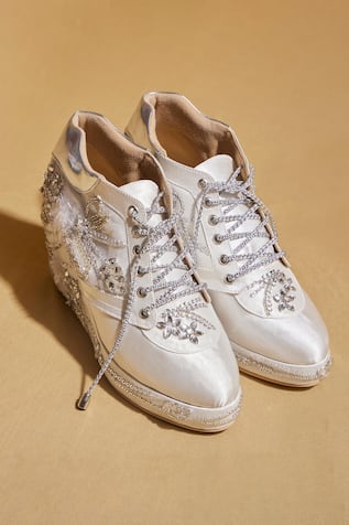 Designer White Diamond Stone Wedge Sneakers 