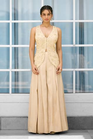 SHASHA GABA Hand Embellished Gold Jacket Sharara Set 