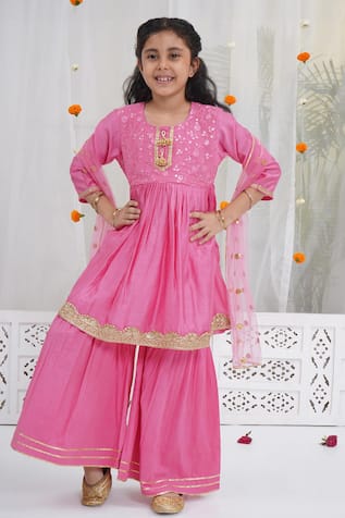Little Bansi Embroidered Cranberry Pink Kurta Set 