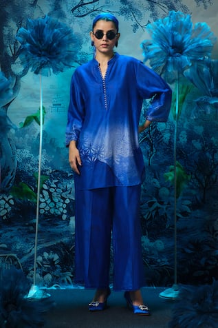 Mandira Wirk - Indian Blue Chanderi Kurta Pant Set 