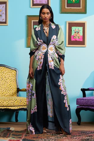 Papa Don't Preach Printed Satin Linen Jacket & Belt Set 