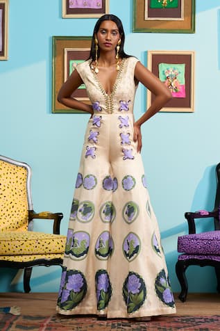 Papa Don't Preach Ivory Printed Raw Silk Jumpsuit 