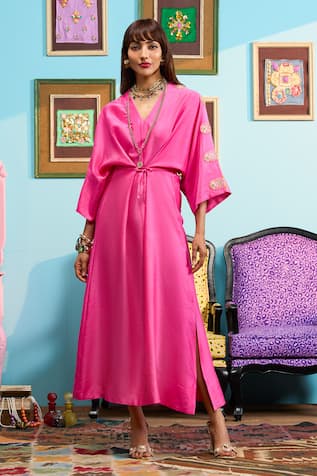 Papa Don't Preach Pink Dyed Chanderi Kaftan Set 