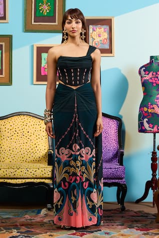 Papa Don't Preach Printed Draped Corset & Skirt Set 
