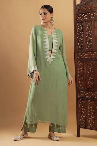 Bha Sha Olive Green Gotta Patti Kurta & Pant Set 