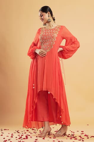 Crimson Orange Zardozi Work Kurta & Pant Set 