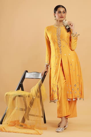 Bha Sha Marigold Yellow Mirror Work Kurta Set 