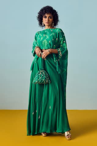 Prahnaaya Sea Green Hi-Low Top & Flared Palazzo Set 