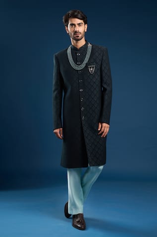 Bottle Green Self Weaving Sherwani Set 