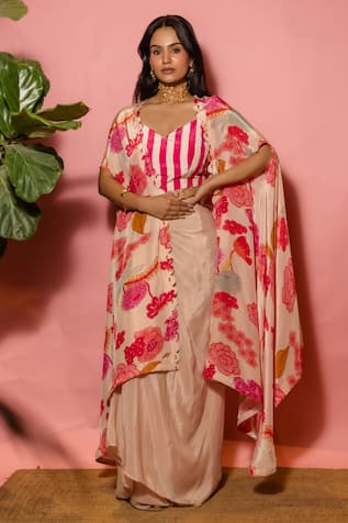 Meher By Islie Printed Pink Skirt Set with Cape 