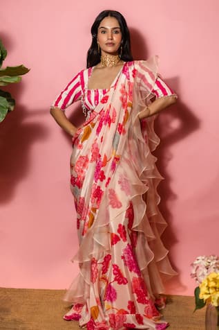 Meher By Islie Printed Pre-Draped Saree With Blouse 