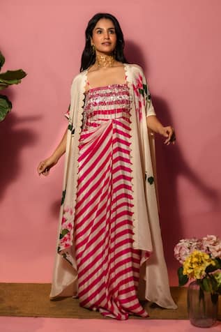 Meher By Islie Pink Printed Dress with Cape 