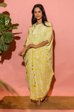 Meher By Islie Printed Yellow Kaftan & Pant Set 