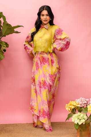 Meher By Islie Printed Pink & Yellow Skirt Set 