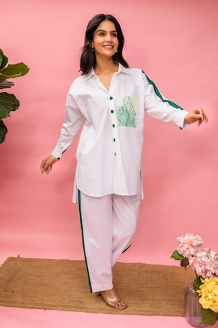 Meher By Islie White Hand Painted Pant Set 