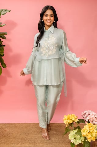 Meher By Islie Sky Blue Hand Embroidered Pant Set 